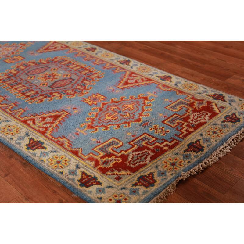 Hand Knotted Oriental 100% Wool Carpet Traditional Geometric Navy Blue & Blues Viss Runner Rug - 10' 0'' X 2' 6''