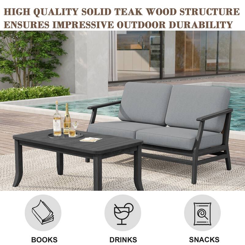 Teak Wood Patio Outdoor Loveseat Sofa and Coffee Table Set
