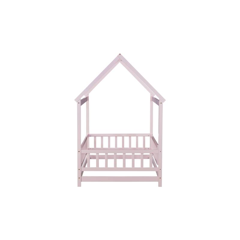 Twin Size Wooden Floor Bed with Roof Frame and Safety Guardrails, Pink
