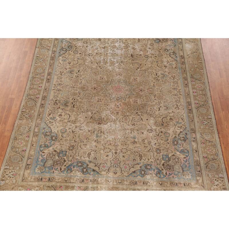 Hand Knotted Oriental 100% Wool Carpet Traditional Floral Brown Tabriz Area Rug - 11' 10'' X 8' 10''