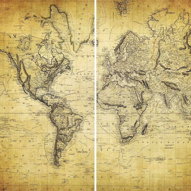 Handmade 6' Double Sided Vintage World Map Canvas Room Divider