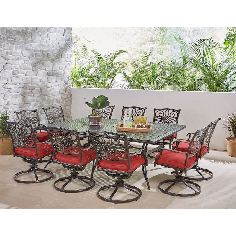 Hanover Traditions 11-Piece Dining Set in Red with Ten Swivel Rockers and an Extra-Long Dining Table