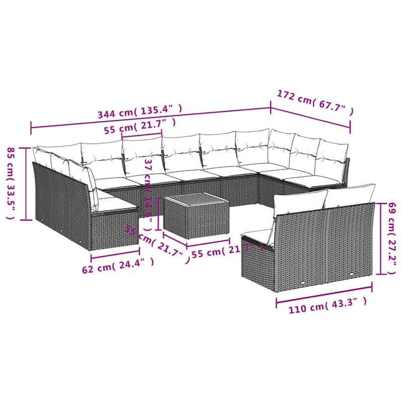vidaXL Patio Sofa Set with Cushions Outdoor Furniture 13 Piece Poly Rattan - 24.4 x 24.4 x 27.2