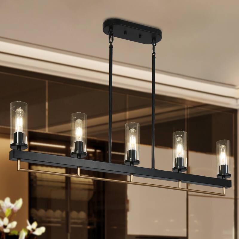 Modern Industrial 3/5-Light Chandelier Black Gold Kitchen Island Light Fixture with Clear Glass for Dining Room - 5-Light