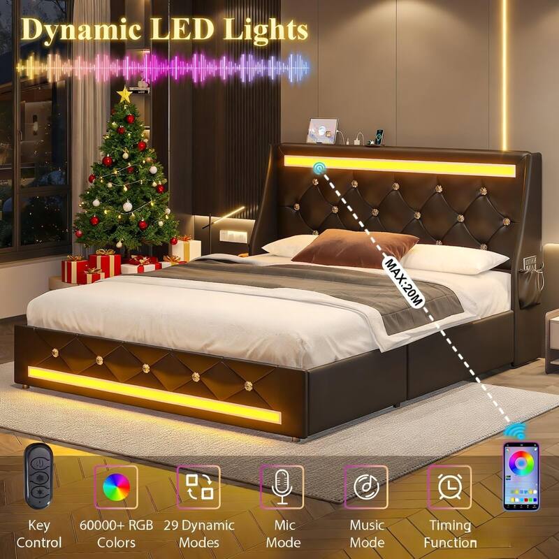 Full Bed Frame with LED Lights, Upholstered Bed Frame with Charging Station, Platform Bed with Diamond Headboard, Wooden Slats