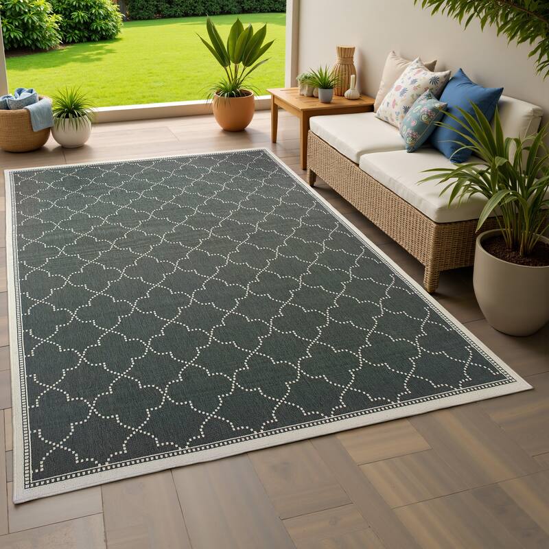 Style Haven Marianna Simple Lattice Navy/ Off-White Loop Pile Indoor Outdoor Area Rug - 2' 5" x 4' 5" - Grey/Off-White - Rectangle