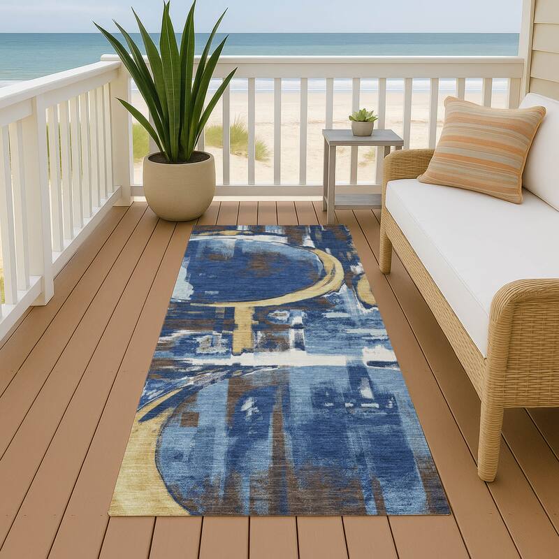 Machine Washable Indoor/ Outdoor Modern Erie Chantille Rug - Navy - 2'3" x 7'6"