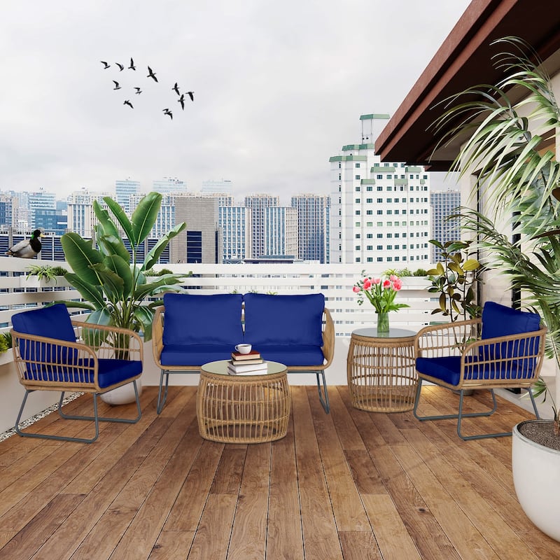 5 Pieces Patio Furniture Set, Outdoor Wicker Patio Conversation Set, Loveseat with Cushion and Pillow, 2 Tempered Glass Table