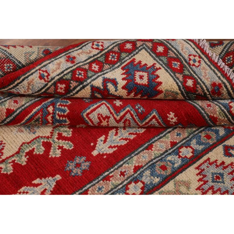 Red Geometric Kazak Accent Rug Hand-Knotted Wool Carpet - 3'4" x 4'11"
