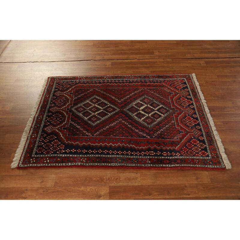 Hand Knotted Oriental 100% Wool Carpet Traditional Geometric Red Sirjan Area Rug - 4' 8'' X 3' 3''