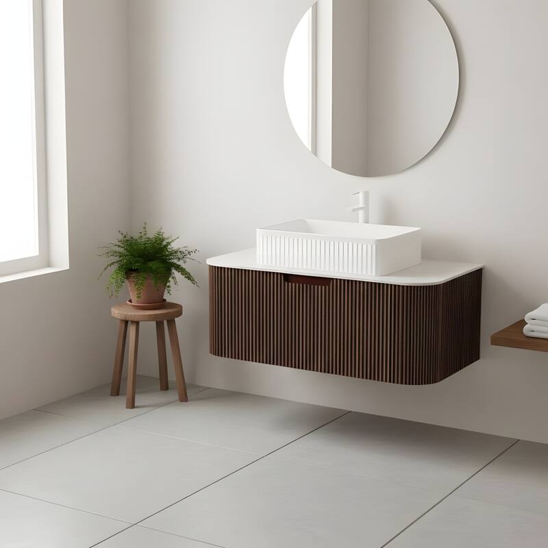 Wall Mounted Bathroom Vanity with White Rectangular Ceramic Basin