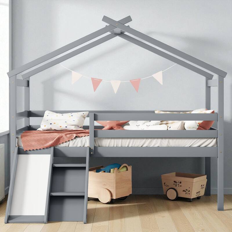 Twin Size Wooden Low Loft House Bed with Slide, Ladder, Safety Guardrails, and Roof Frame