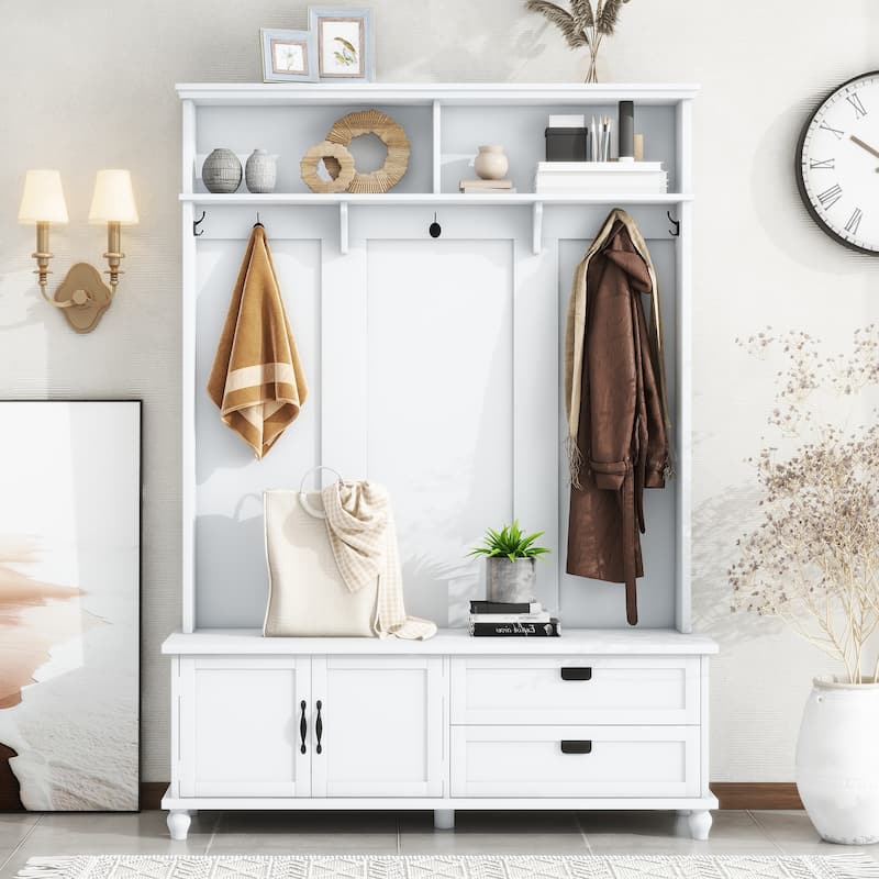 Roomfitters Widen Mudroom Hall Tree with Storage Bench, Modern Entryway Cabinet with 2 Large Compartments and 5 Coat Hooks