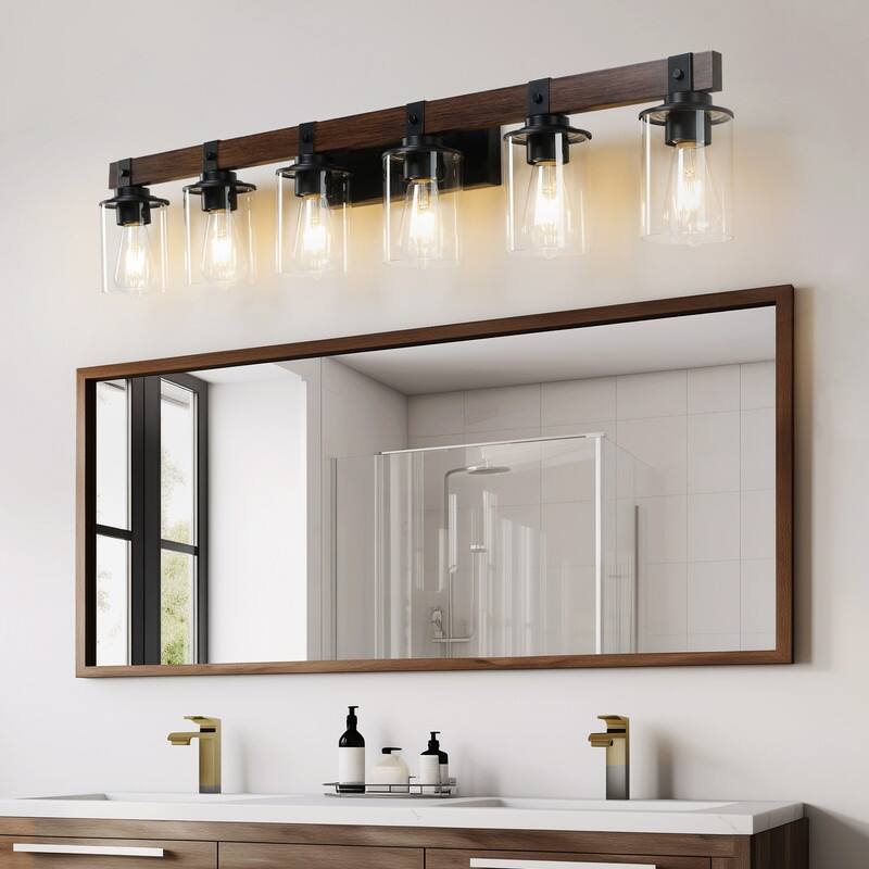 Vanity Light, Industrial Bathroom Wall Sconce with Glass Shades and Wood Accent, Modern Farmhouse Lighting Fixture (No Bulbs)