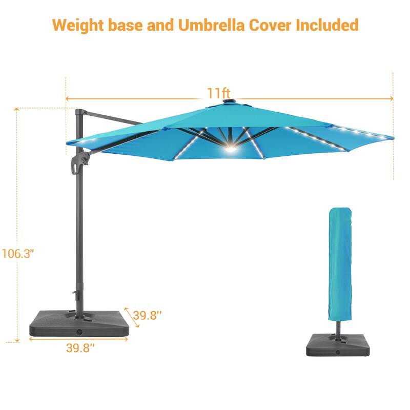 LIVOOSUN 11FT LED Round Patio Cantilever Umbrella With a Base