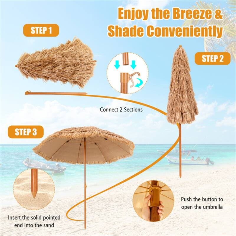 Portable 8 Feet Natural Thatched Patio Umbrella Sunshade Tiki with Steel Pole for Beach or Pool