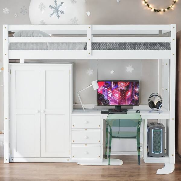slide 2 of 34, Multi-Functional Design Full Size Loft Bed with Wardrobe, Desk and Storage Drawers, Sturdy construction, Space-saving, White White