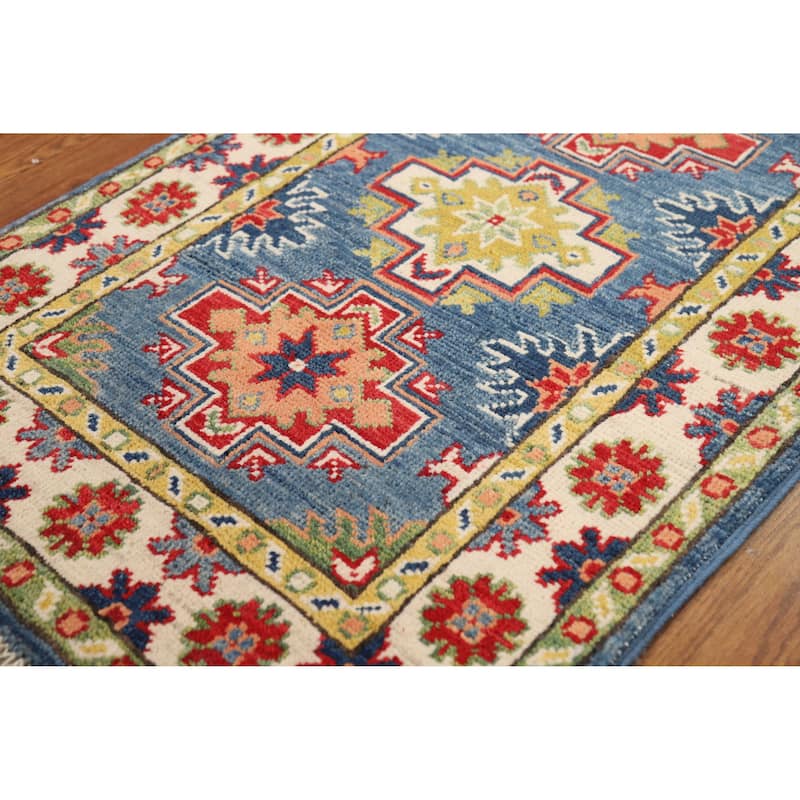 Blue Geometric Kazak Oriental Foyer Rug Hand-Knotted Wool Carpet - 2'0"x 3'0"