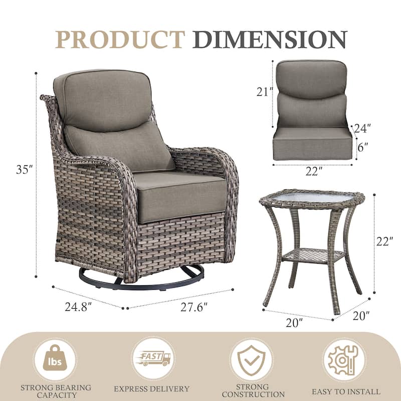 Arcadia 3-Piece Wicker Patio Swivel Glider Chairs with 6-Inch Thick Cushions and Side Table