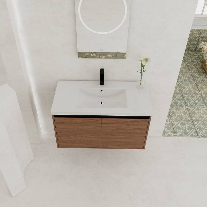 GDFStudio - Levistar Modern Wall-Mounted Bathroom Vanity Set with Scratch-Resistant Resin Sink & Soft Close Doors