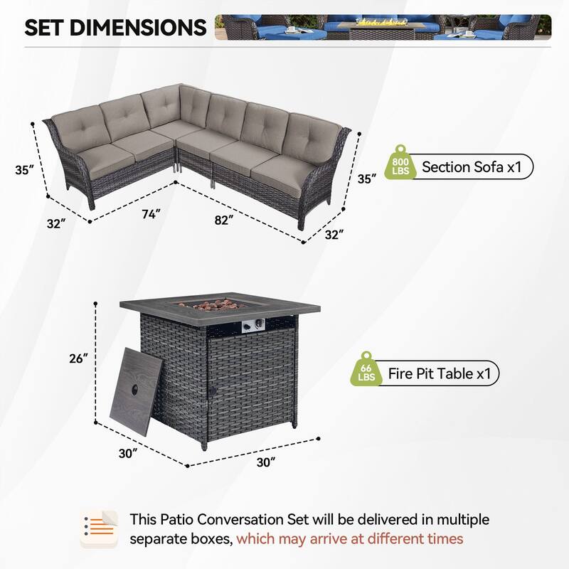 Outdoor 2 Sectional Sofa with Fire Pit Table Set