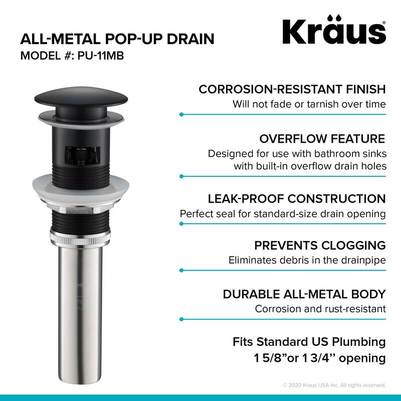 KRAUS Pop-Up Drain w Overflow, Bathroom Sink, Chrome, Nickel