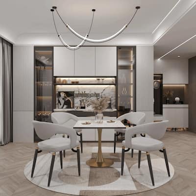 Bristol Square Dining Table with Marbled White MDF Top and Gold Steel Pedestal Base