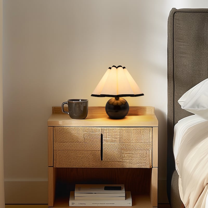 Brightech Blair 10.08 in. Polished Black Midcentury LED Globe Bedside Desk Table Lamp with White Cotton Empire Shade