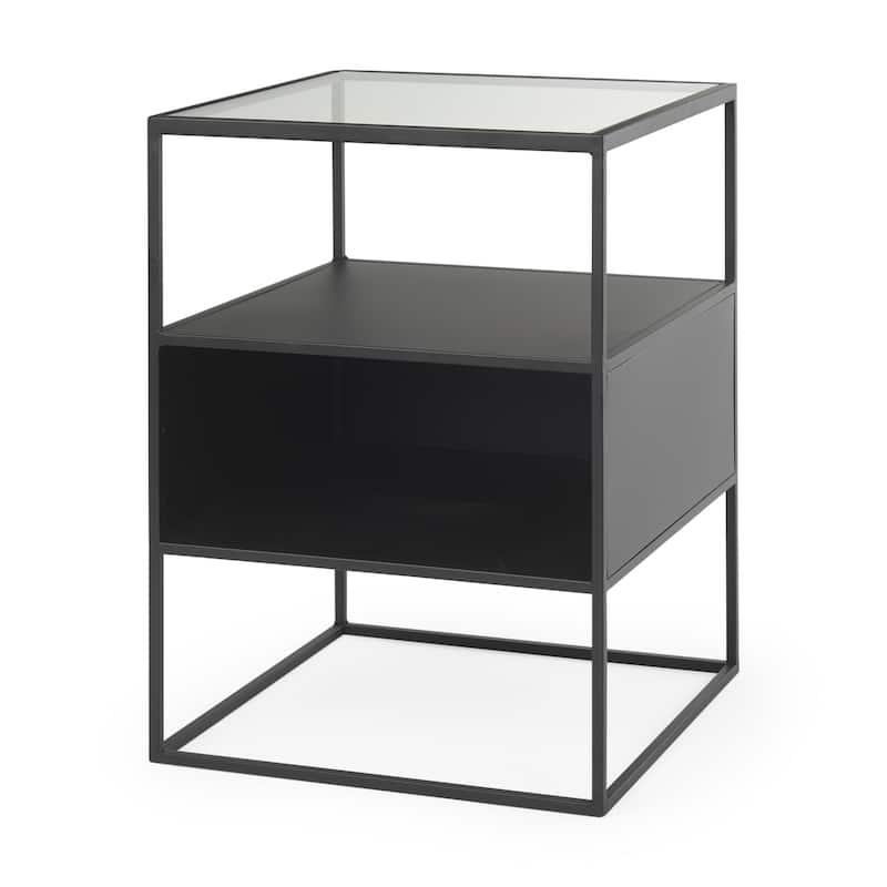 HomeRoots 21" Clear and Black Glass and Metal Square Frame End Table With Two Shelves - 15.75 in. x 21.26 in. x 15.75 in.