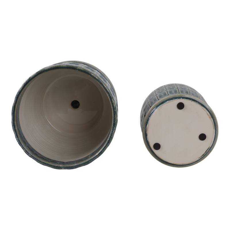 Stoneware Saucer Planters with Embossed Geometric Texture (Set of 2)