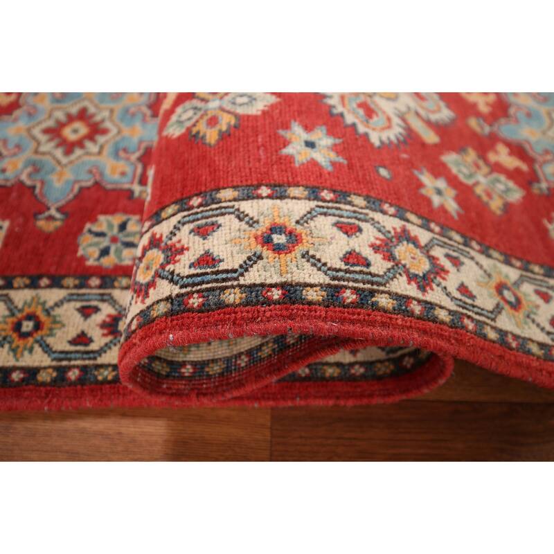 Geometric Red Kazak Oriental Runner Rug Handmade Wool Carpet - 2'2" x 5'7"