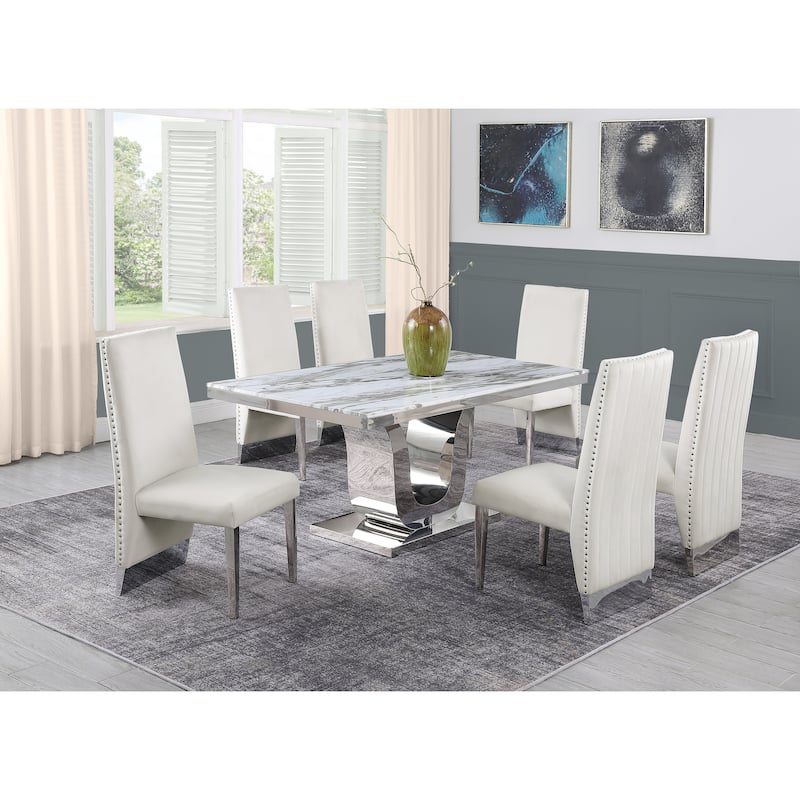 Best Quality White Marble 5 or 7 piece w/Pleated Chairs - 1 Table + 6 Chairs - Beige