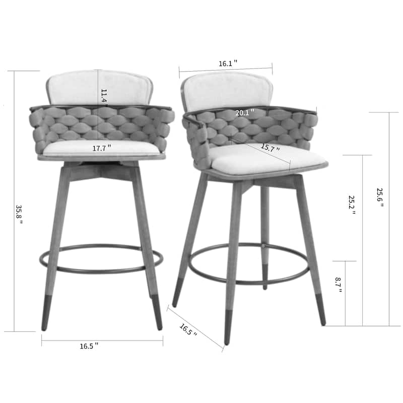 Bechor Beige and Gray Woven Fabric Counter Stool with Natural Wood Legs