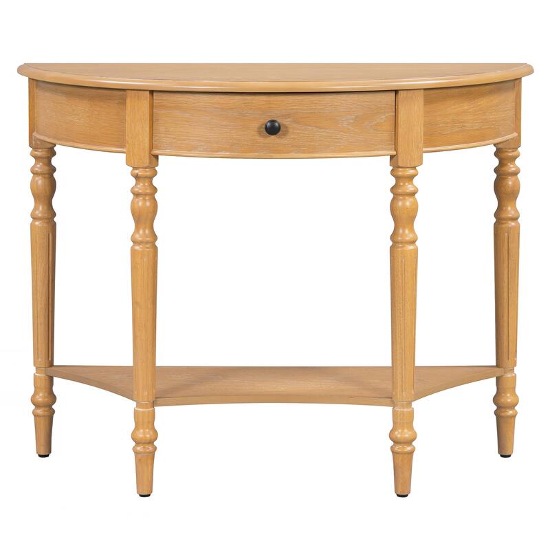 Farmhouse Half Moon Console Table with Drawer & Shelf - Rustic Accent Table