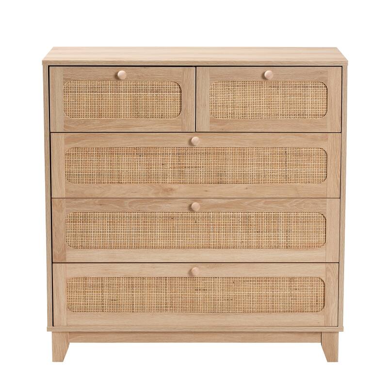 Elsbeth Mid-Century Modern Oak Brown Finished Wood and Natural Rattan 5-Drawer Storage Cabinet