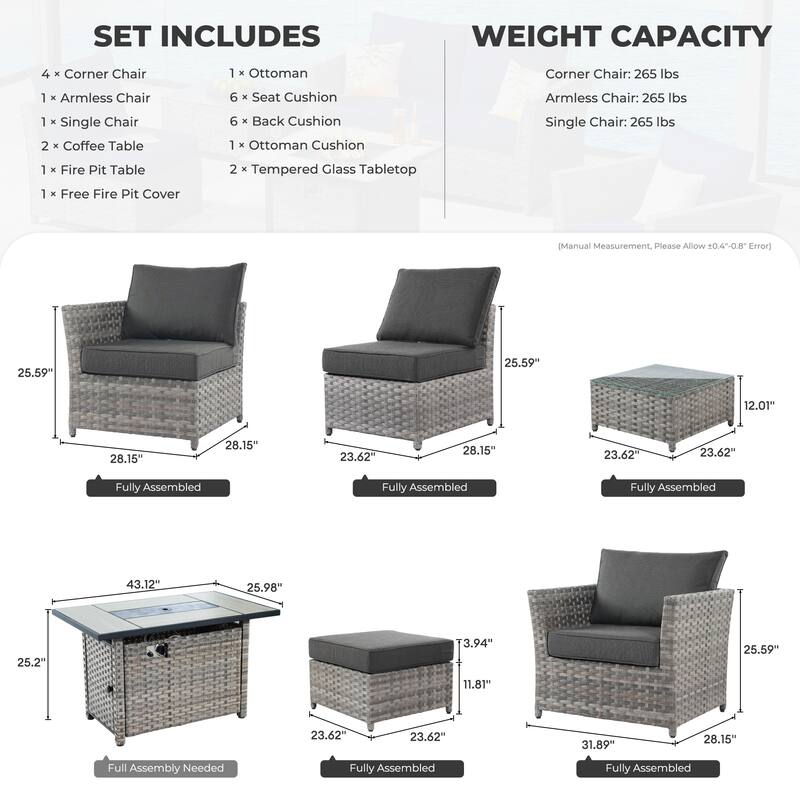 HOOOWOOO 10-piece Wicker Rattan Patio Furniture Sectional Set with Fire Pit