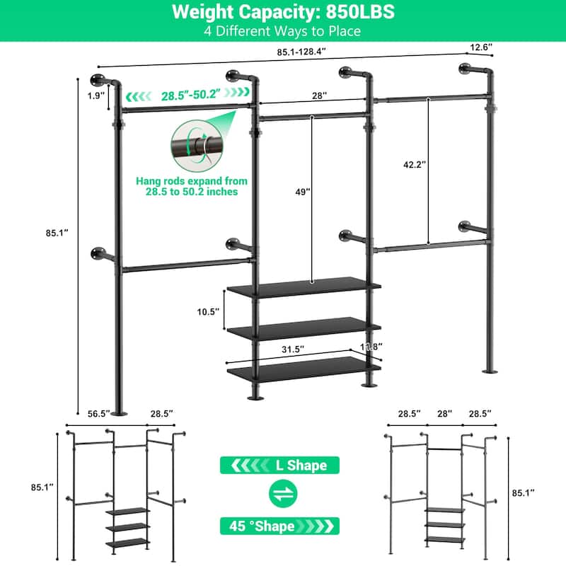 Industrial Pipe Garment Rack with Expandable Hanging Rods and Shelves,Reversible Walk-in Closet Organizer System Clothing Rack