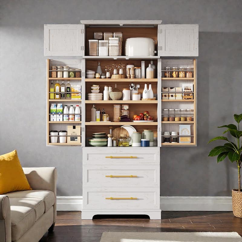 78.2" Farmhouse Kitchen Pantry Cabinet with 8 Door Shelves, 3 Adjustable Shelves and 3 Drawers for Kitchen & Dining Storage
