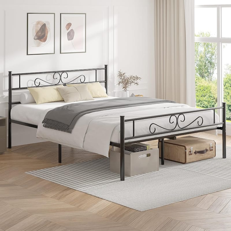VECELO Metal Bed Frame with Headboard and Footboard No Box Spring Needed 12in Underbed Storage with Decorative Headboard