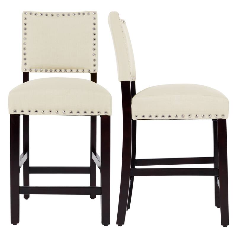 24 Inches Fabric Upholstered Counter Height Bar stools with Back and Silver Nailhead Trim Set of 2 - Beige-2-piece