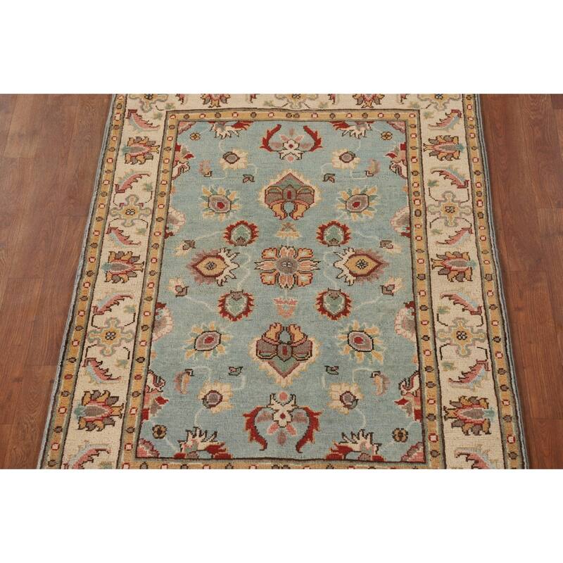 Light Blue Kazak Accent Rug Handmade Oriental Wool Carpet - 3'4"x 4'10"