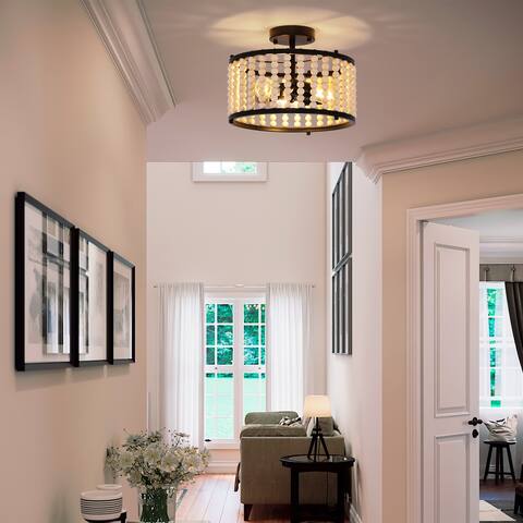 OYIPRO 3 - Light 12.6'' Wood Beaded Drum Semi-Flush Mount Light