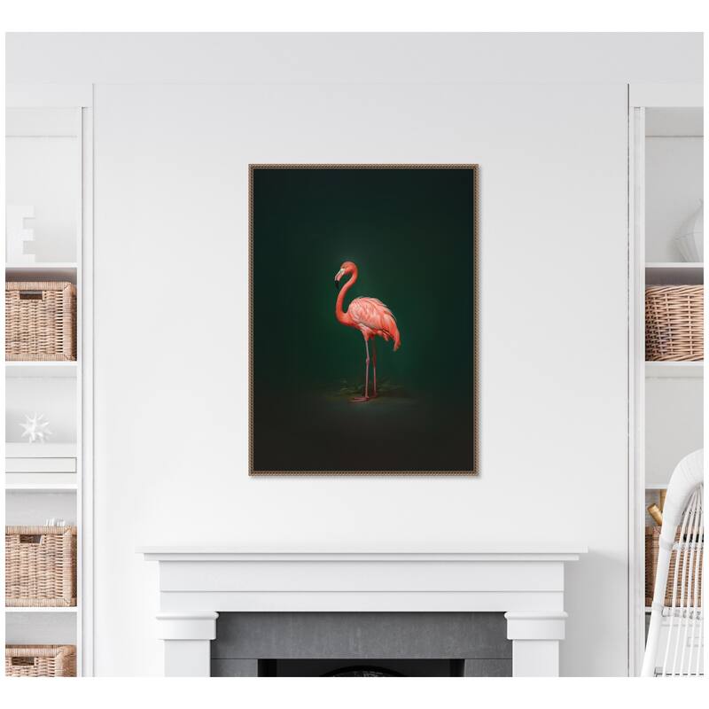 Kate and Laurel Flamingo Side View Rich Green Backdrop by The Creative Bunch Studio Framed Canvas Wall Art Print