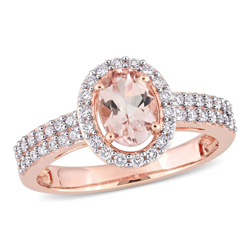 Miadora Oval-Cut Morganite and 1/3ct TW Diamond Halo Double Band Ring in 10k Rose Gold