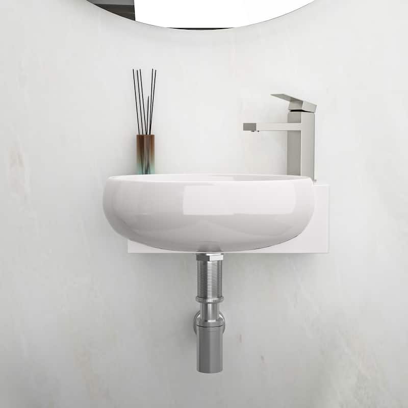 Modern 16-Inch White Ceramic Floating Bathroom Sink, Wall Mount with Single Faucet Hole