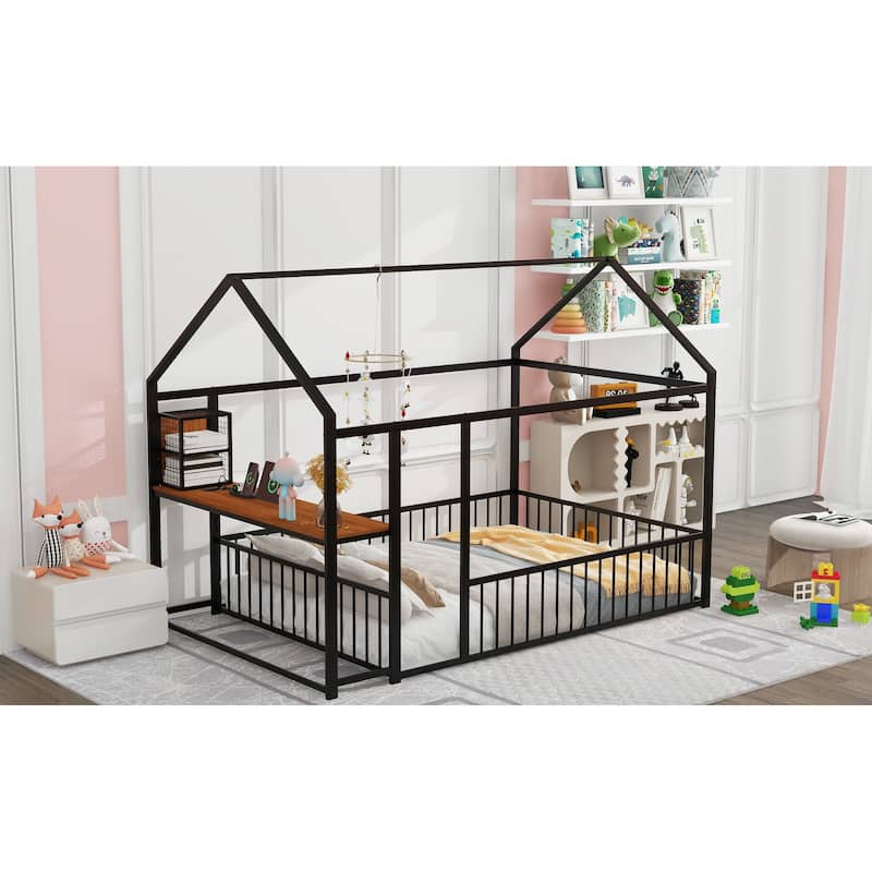 Full Size Metal Bed House Bed Frame with Desk, Shelves, Power Outlets and USB Ports