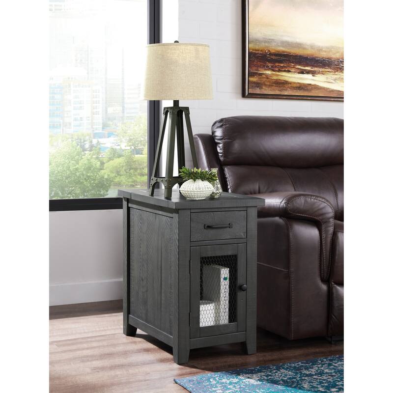 Rustic Solid Wood Chairside End Table with Hidden Charging Station - Grey