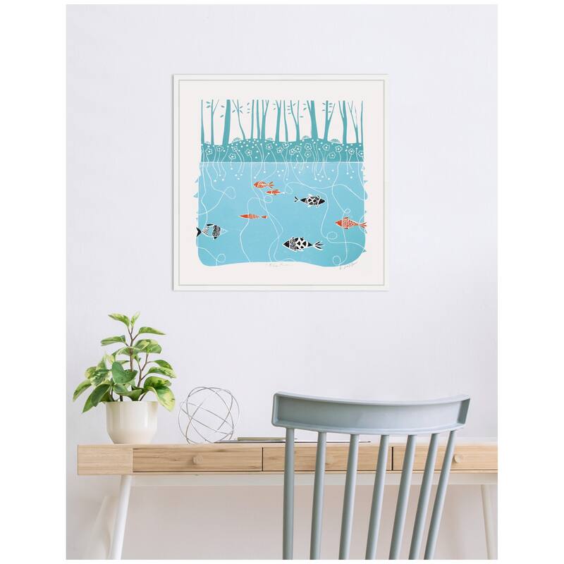 Kate and Laurel Sylvie Coastal Blue River Linocut Framed Canvas by Giuliana Lazzerini