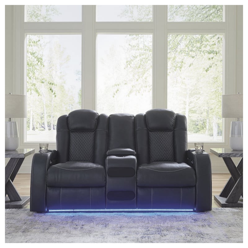 Signature Design by Ashley Fyne-Dyme Power Reclining Loveseat with Console - 74"W x 43"D x 43"H - Sapphire