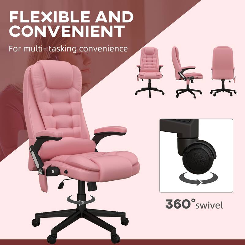 Pink PU Leather 360° Swivel High Back Office Recliner with Vibration Massage, Lumbar Heating, and Adjustable Height